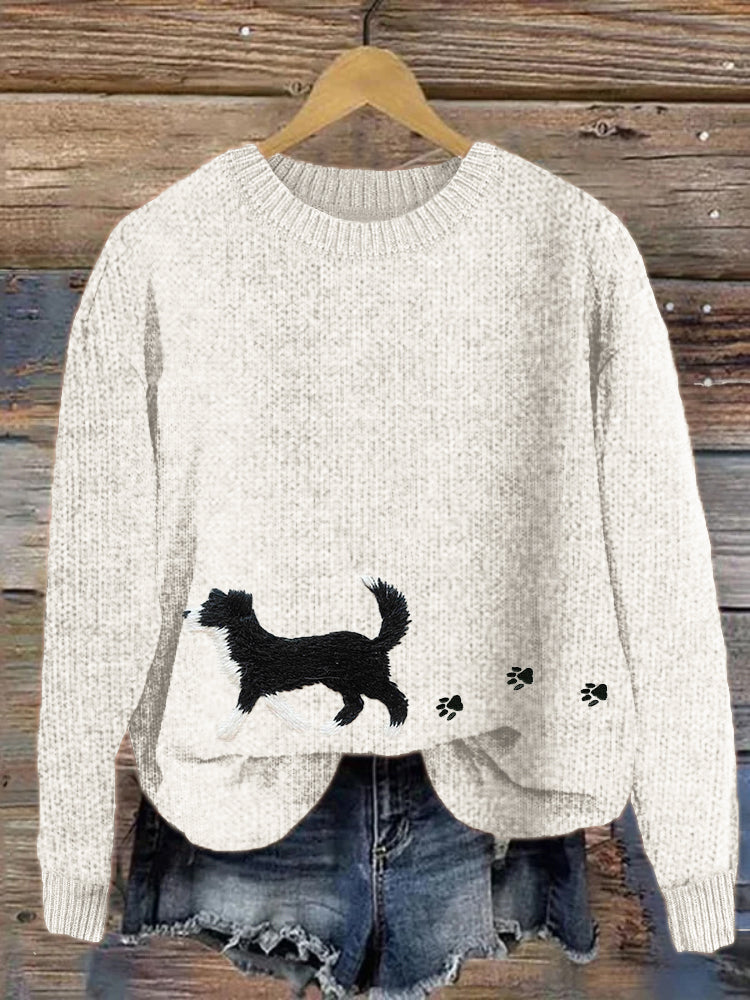 Comstylish Border Collie & Paw Prints Embroidered Cozy Sweater