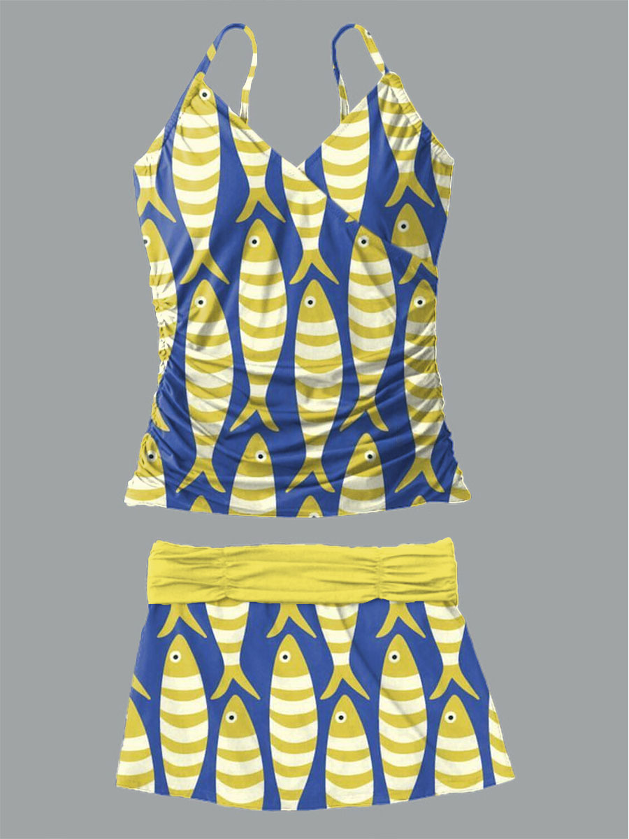 Women's Summer Fish Print Casual Suspender Shirred Swimsuit Set