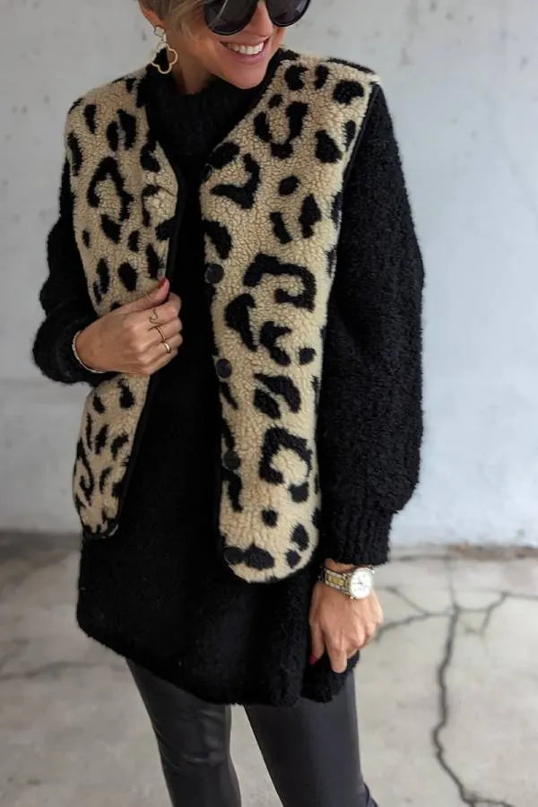 Leopard Print Front Opening Autumn and Winter Vest Jacket