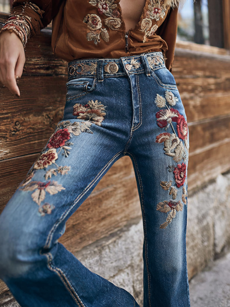 Bohemian Western Cowboy Style Plant Flower Embroidery Women's Skinny Jeans elevenforest
