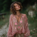 Vintage Boho Pink Roses Embroidered Flowy Linen Tunic elevenforest