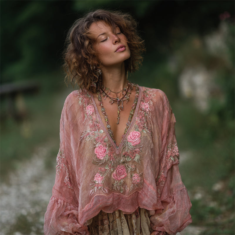 Vintage Boho Pink Roses Embroidered Flowy Linen Tunic elevenforest