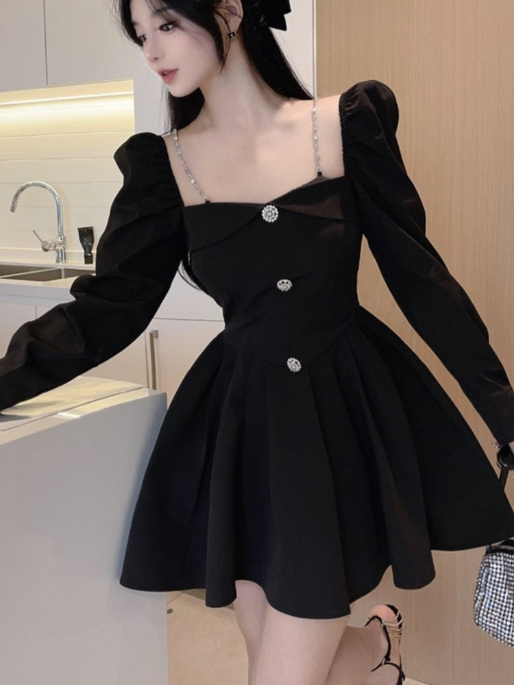 Korean Style Mini Dress Long Sleeve Square Collar Spring High Waist Female Birthday Party Vestidos Mujer
