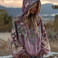 Women's Vintage Boho Pink Rose Embroidered Sequin Hoodie elevenforest