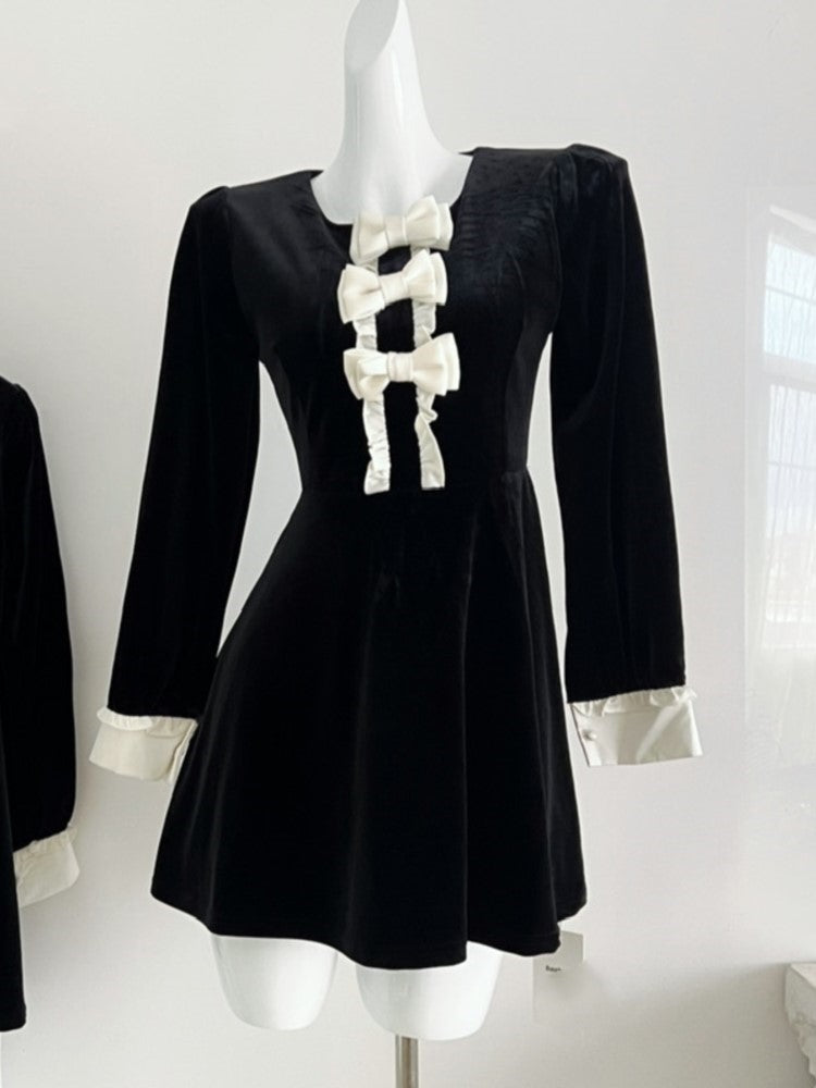 Patchwork Velet Mini Dress Bow Long Sleeves O-neck A-line Autumn French Evening Party Vestidos Mujer New