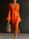Printed Textured Knitted Tassel Hem Long Sleeve Midi Dress