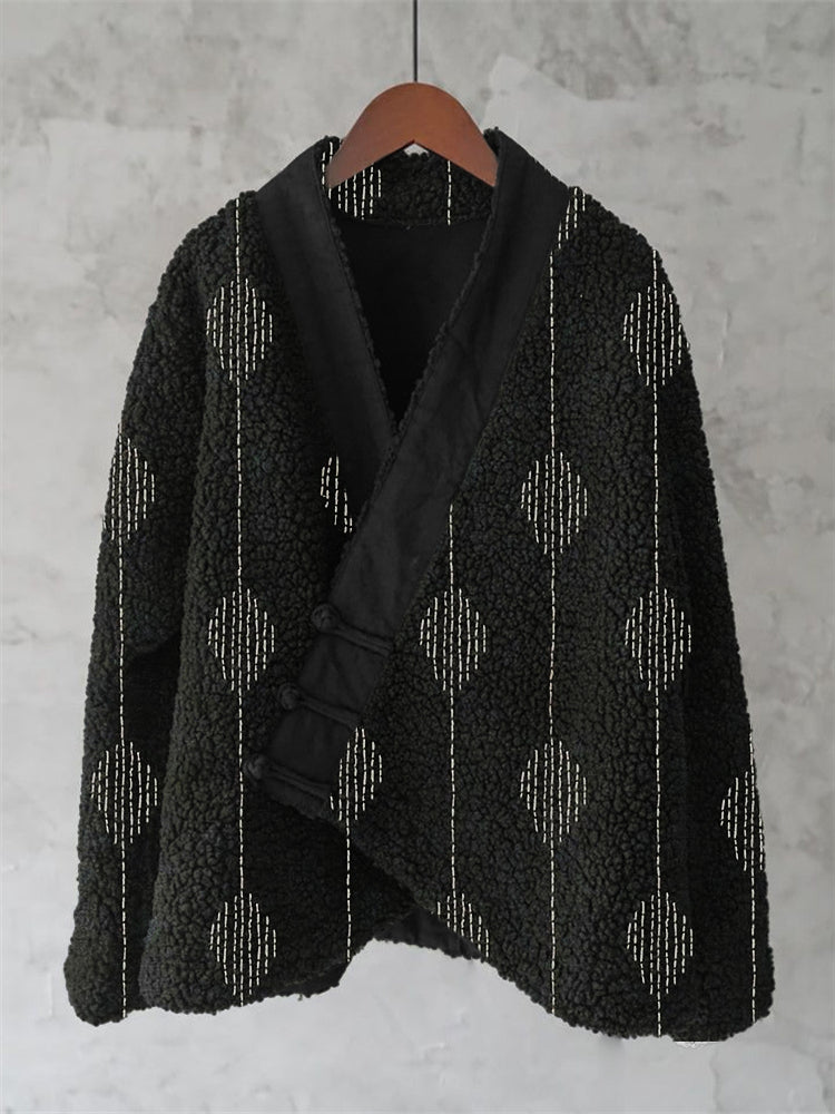 Japanese Embroidered Sashiko Art Cozy Fleece Kimono Cardigan elevenforest