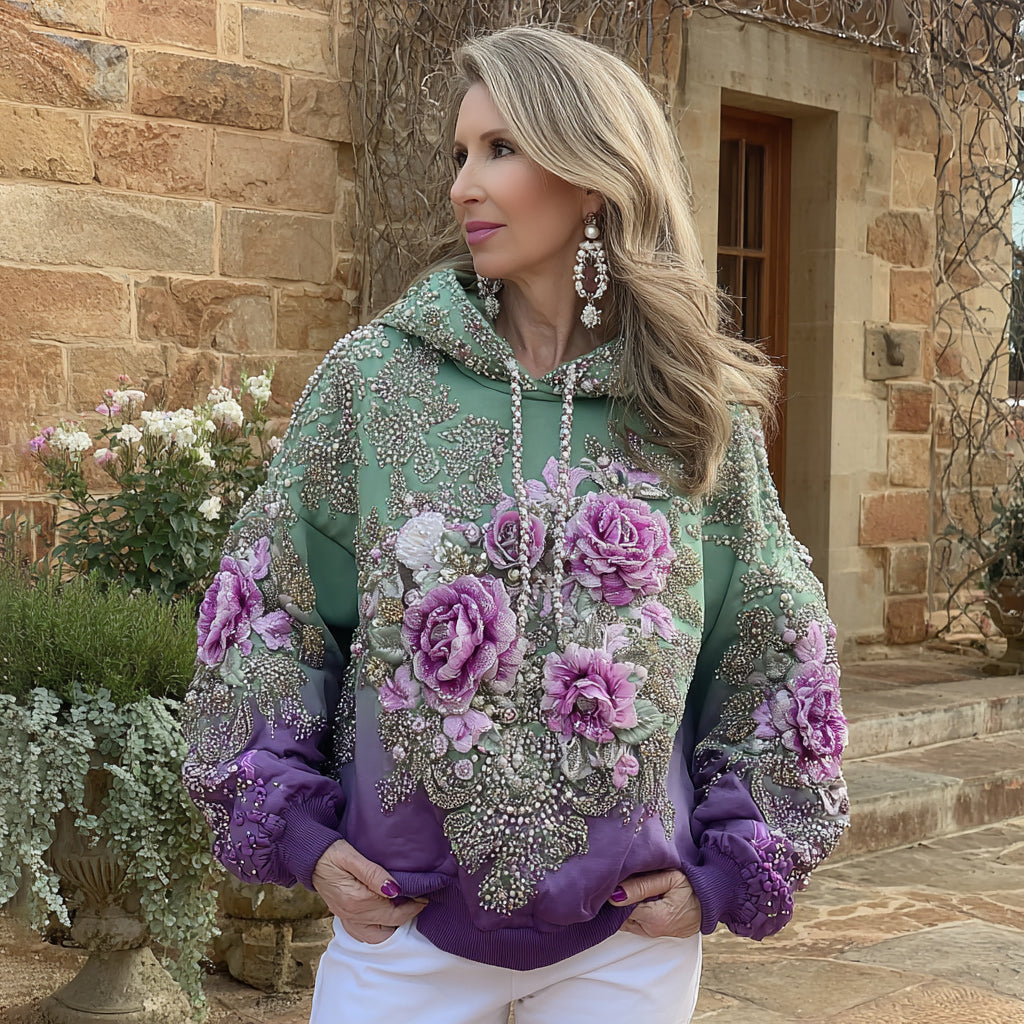 Women's Retro Purple Rose Gradient Art Pattern Casual Hoodie elevenforest
