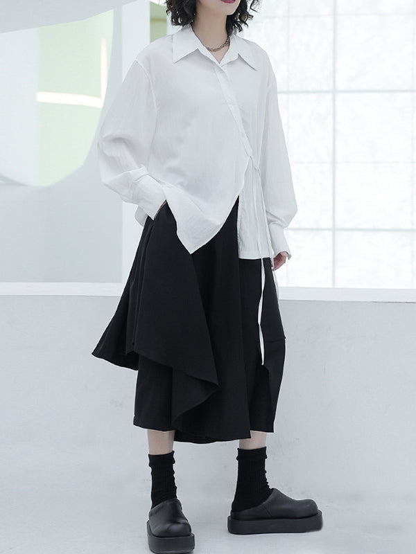 Loose Puff Sleeves Asymmetric Lace-up See-through Color Split-joint Lapel Blouses