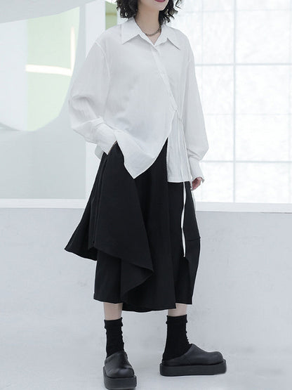Loose Puff Sleeves Asymmetric Lace-up See-through Color Split-joint Lapel Blouses