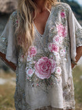 Ladies' Romantic Embroidered Flower Bead Retro Lightweight Short Sleeve V-neck Top elevenforest