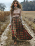 Women's Retro High Neck Long Skirt Plaid Pastoral Style Skirts elevenforest
