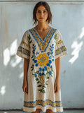 Ukrainian Blue And Yellow Floral Embroidery Boho Art Women's Linen V-neck Dress elevenforest