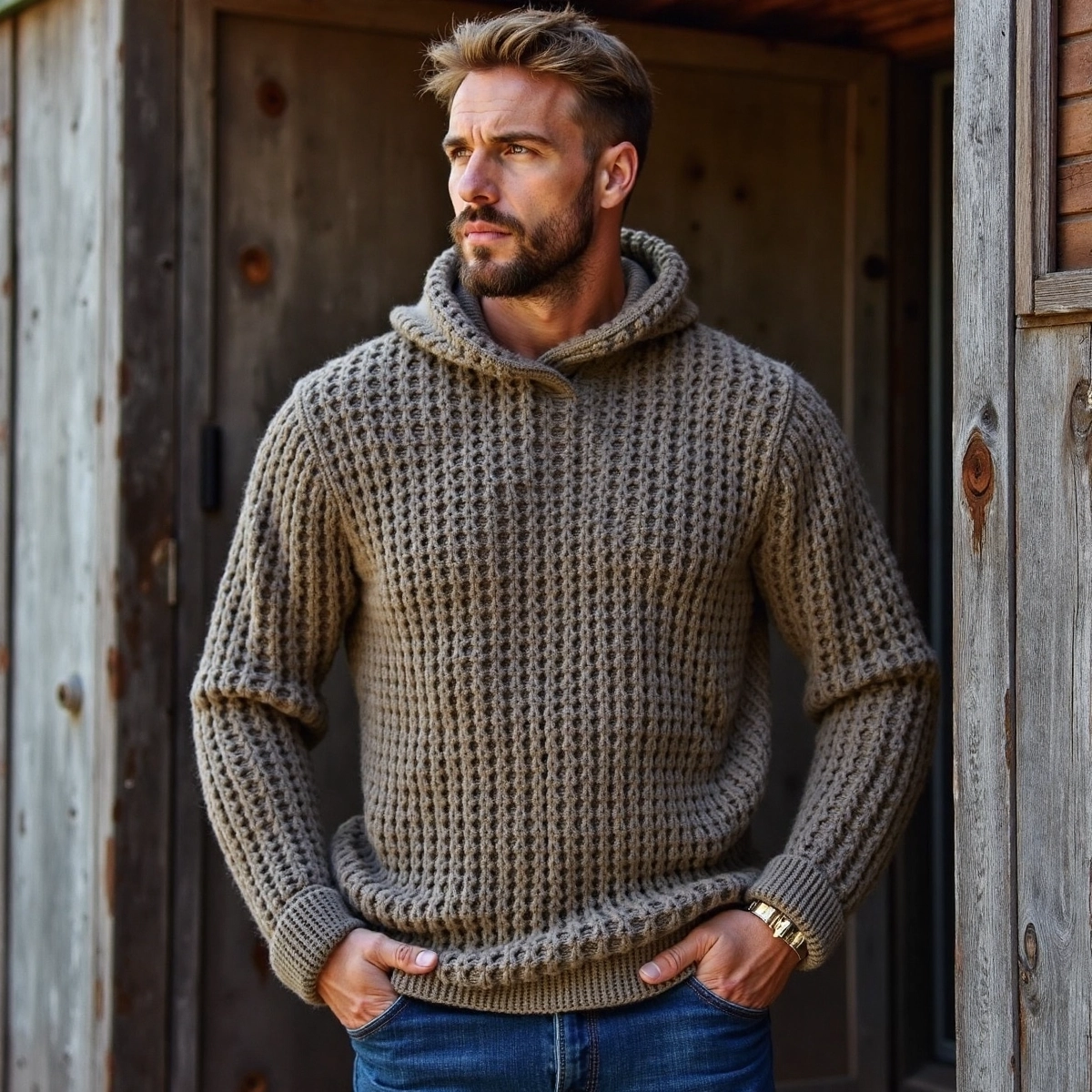 Men's Vintage Plaid Woven Solid Color Hooded Sweater elevenforest