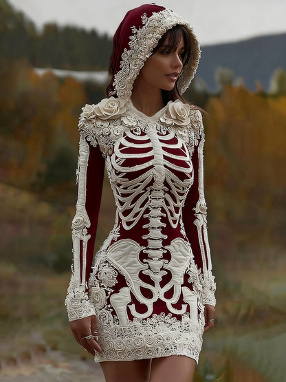 Women's Vintage Halloween Skeleton Bones With Rose Art Cozy Knit Hooded Sweater Dress artswardrobe