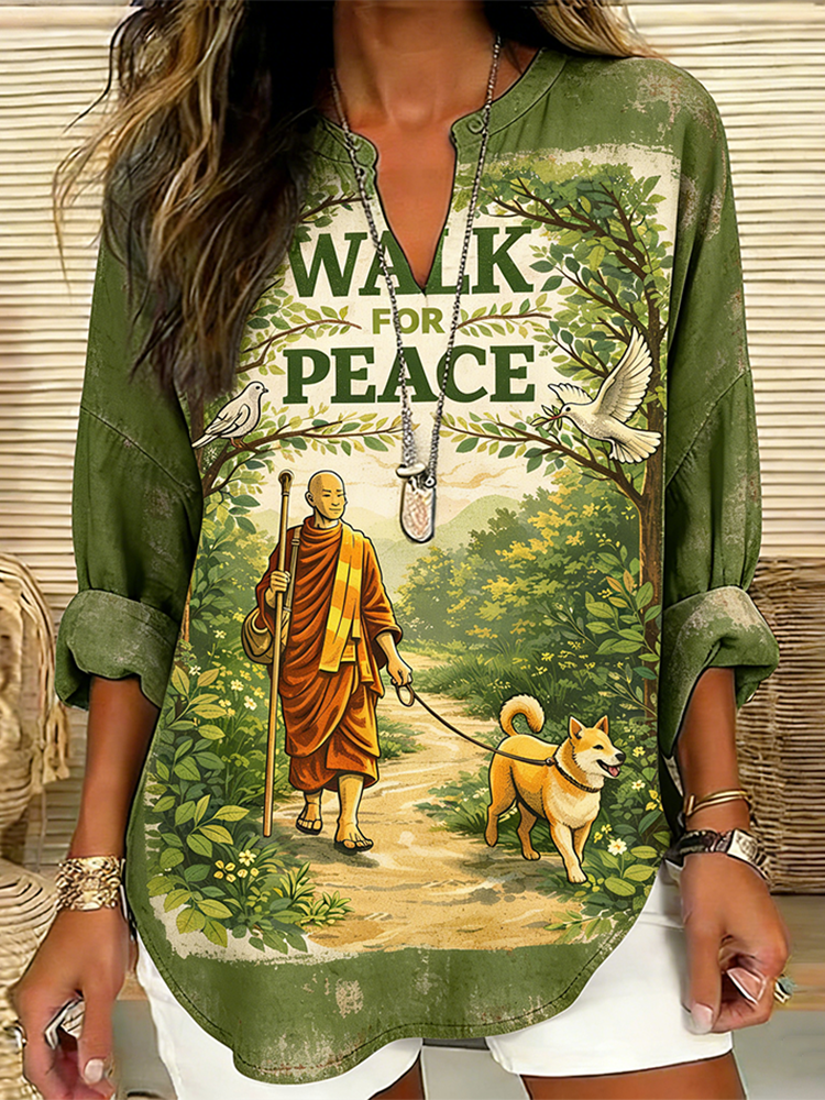 Comstylish Walk For Peace Slogan Pattern Design Casual Color-blocked Long-sleeve Top