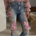 Women's Vintage Rose Floral Embroidery Gradient Art Casual Jeans elevenforest