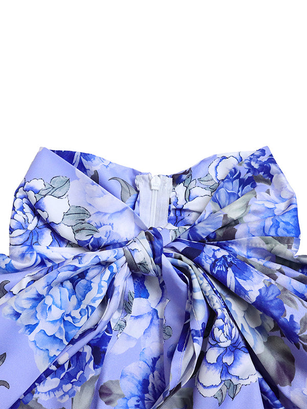 Long Sleeves Printed Blouse + Split-back Color Skirt Two Pieces Set