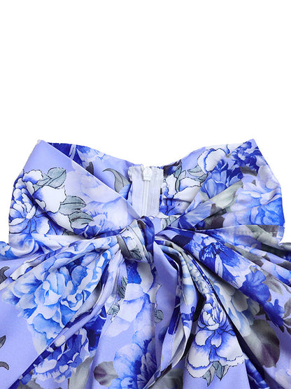 Long Sleeves Printed Blouse + Split-back Color Skirt Two Pieces Set