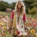 Women's Vintage Rose Floral Art Patchwork V Neck Midi Dress elevenforest