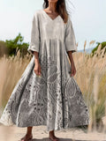 Women's Floral Art Print Flowy V-Neck Cotton Dress