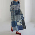 Comstylish Retro Japanese Traditional Patchwork Art Linen Maxi Dress