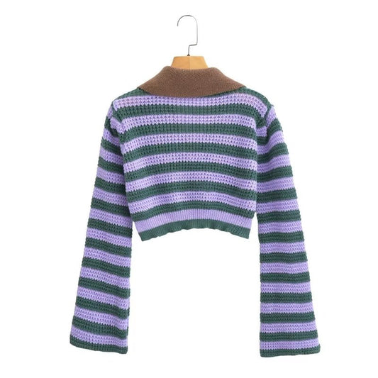 Stripe Contrast Color Lapels Knitted Cardigan – ’s Loose Short Top