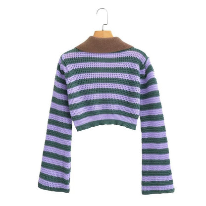 Stripe Contrast Color Lapels Knitted Cardigan – ’s Loose Short Top