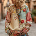 Women's Retro Bohemian Floral Stitching Comfortable Crew Neck Sweatshirt elevenforest