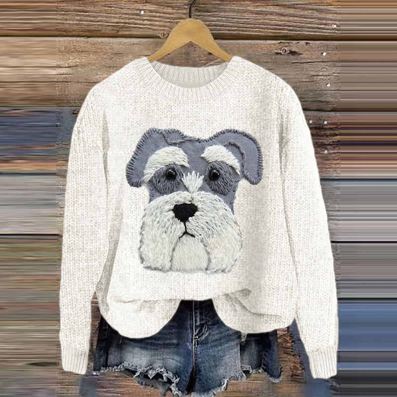 Comstylish Funny Schnauzer Embroidery Art Applique Cozy Sweater
