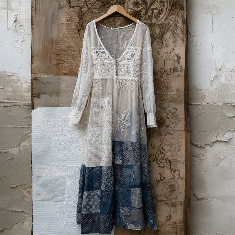 Japanese Floral Sashiko Patchwork Lace Flowy Maxi Dress elevenforest
