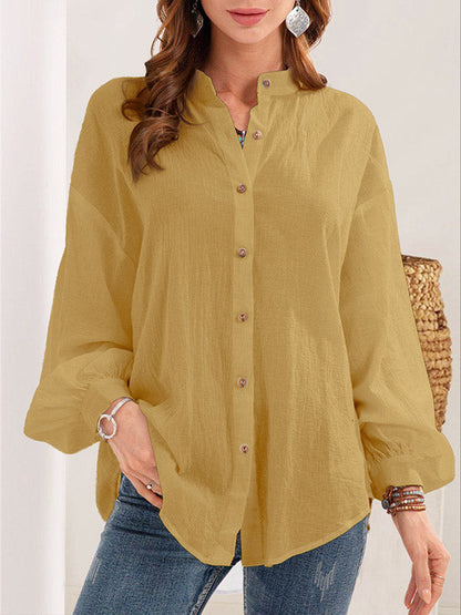 Long Sleeves Loose Buttoned Mock Neck Blouses&shirts Tops