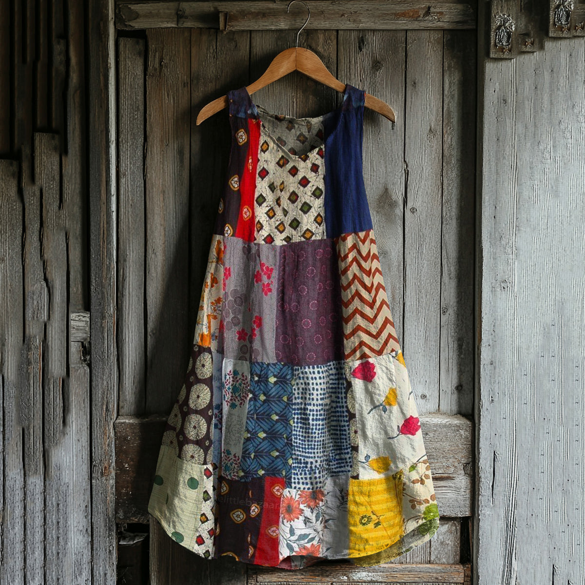 Vintage Floral Patchwork Art Linen Blend Tank Dress elevenforest