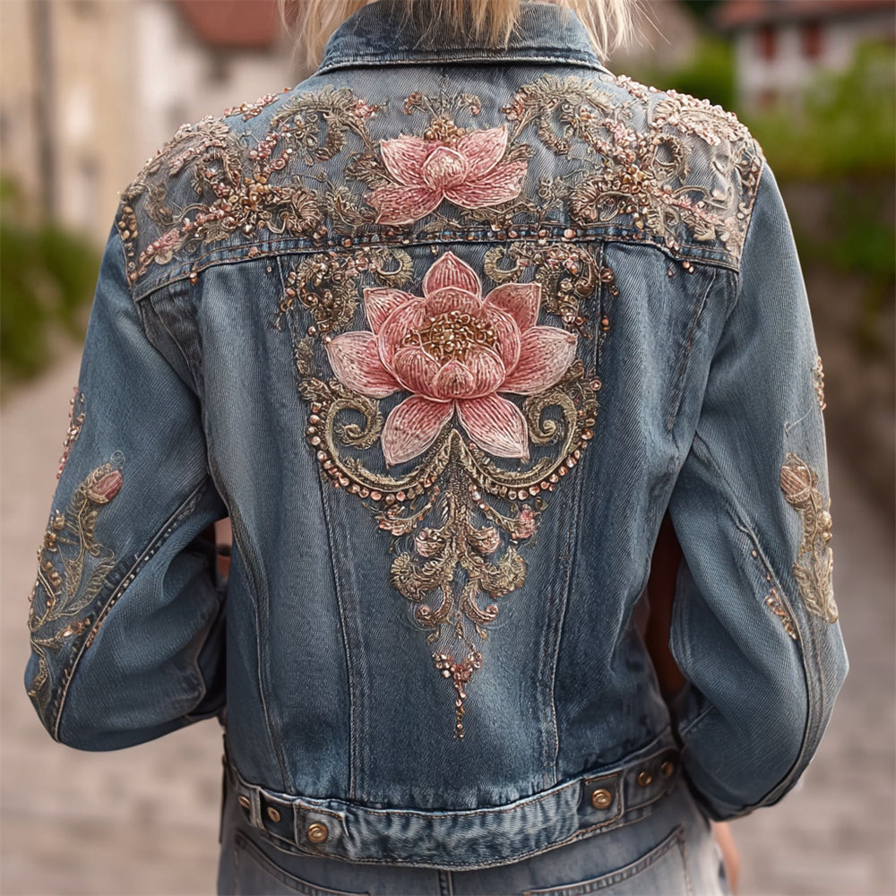Bohemian Lotus Sequin Embroidered Women's Denim Jacket elevenforest