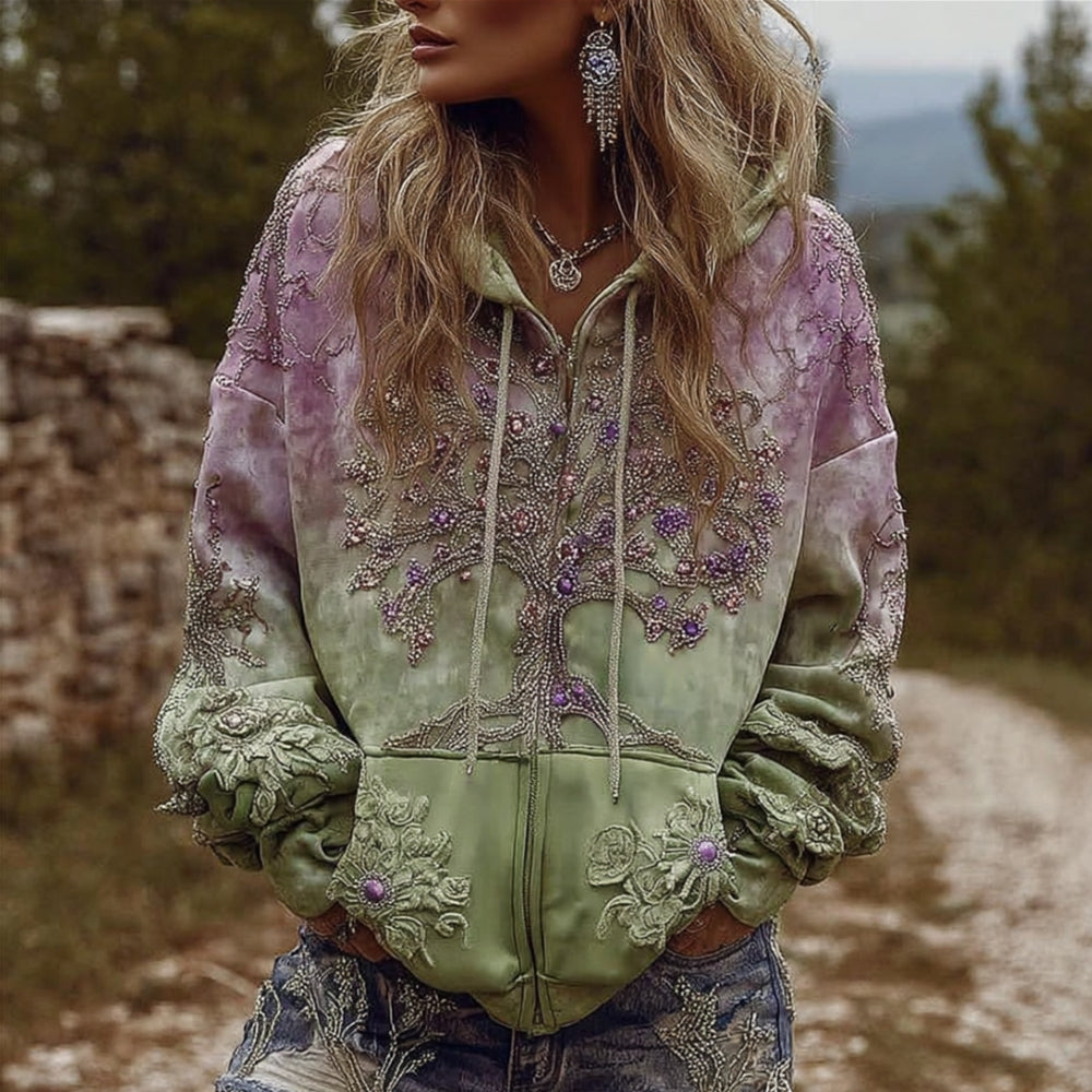 Women's Viking Style Life Tree Bead String Tie Dye Cardigan Hoodie