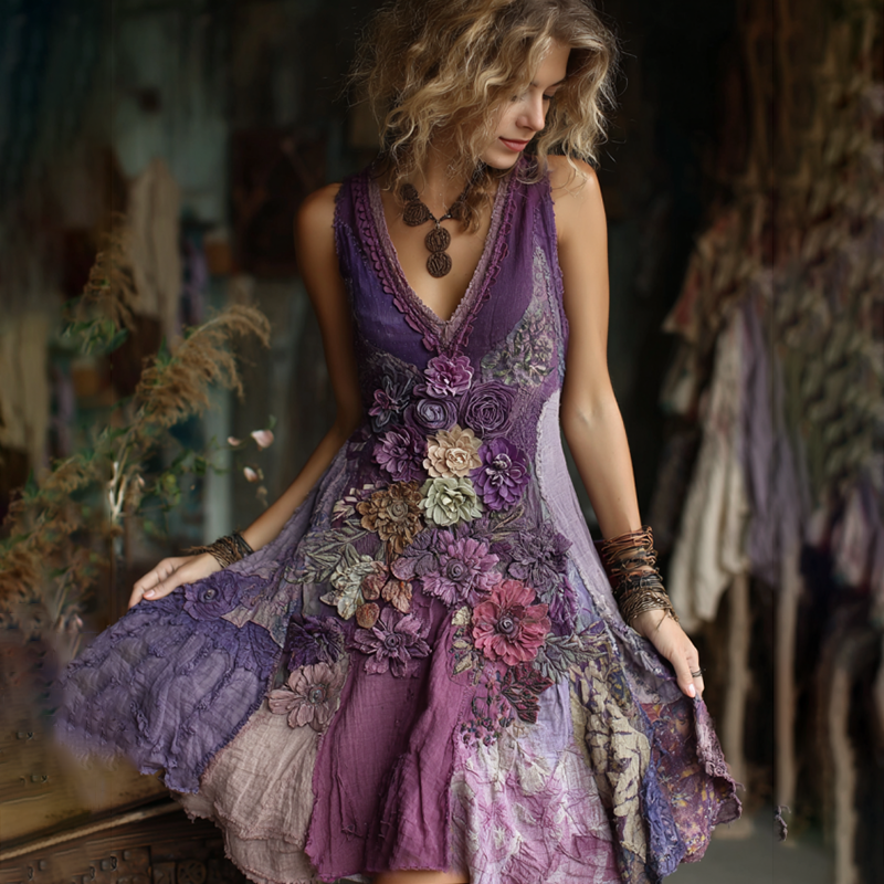 Women's Vintage Floral Splicing Cotton And Linen Tank Dress elevenforest
