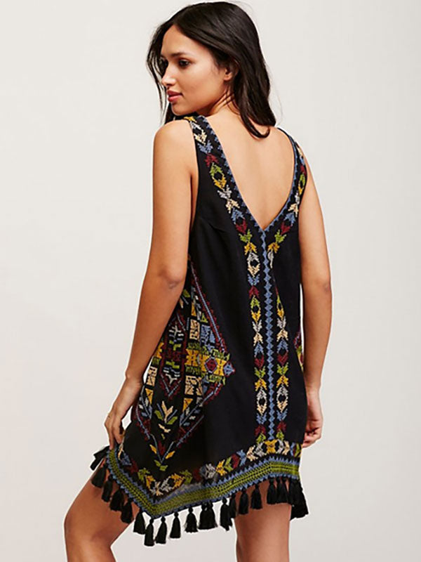Dress Embroidered Pink V-neck Sleeveless Gypsy Beach Vacation Summer Short Tank Dress for