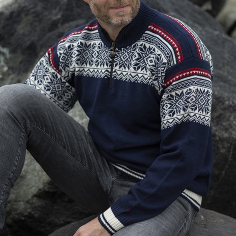 Vintage Warmth Bordeaux Knit Jacquard Icelandic Half Zip Collar Sweater（Unisex ） elevenforest