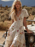 Bohemian Western Style Floral Embroidery White V-neck Short-sleeved Long Dress elevenforest