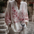 Women's Vintage Pink Floral Art Linen V-neck T-shirt elevenforest