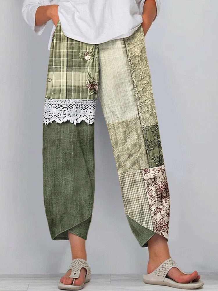 Boho Floral Pattern Lace Patchwork Linen Blend Pants elevenforest
