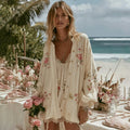 Vintage Floral Embroidery Art Linen Comfy Button Shirt elevenforest