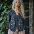 Bohemian Style Linen Floral Art Print Long Sleeve Loose  Shirt elevenforest