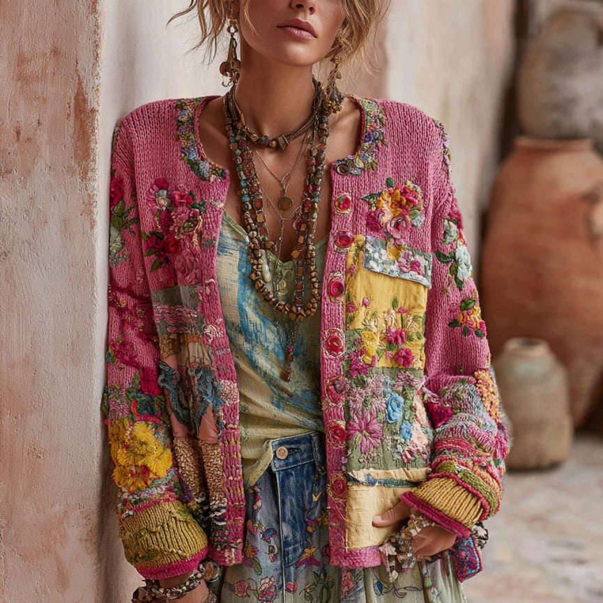 Women's Vintage Bohemian Floral Embroidery Patchwork Art Sweater Cardigan elevenforest