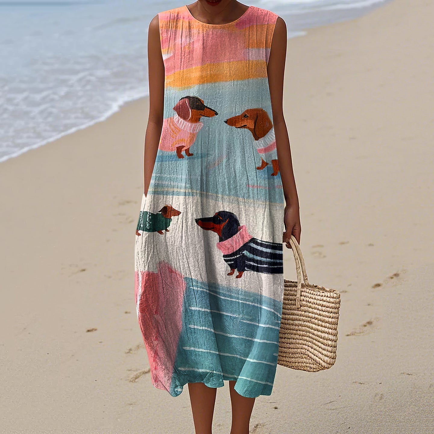 Comstylish Retro Cute Dachshund Sausage Dog Art Linen Tank Midi Dress