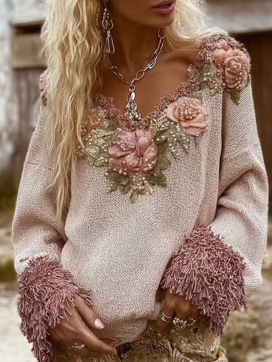 Women's Flower Retro-colored Round-neck Thick Sweater