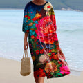 Women's Hibiscus Art Linen Round Neck Dress elevenforest