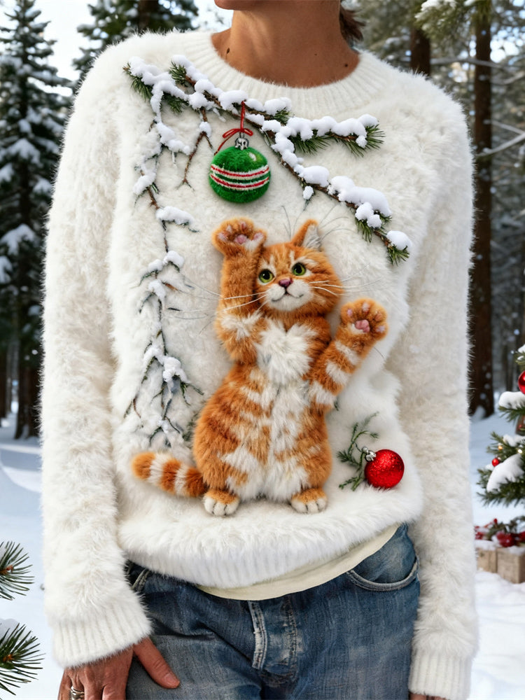 Comstylish Christmas Playful Cat Design Women's Soft Plush Sweater