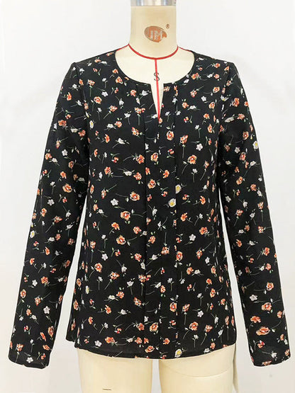 Long Sleeves Loose Flower Print Round-neck Blouses&shirts Tops