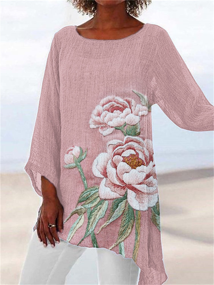 Comstylish Classy Flowers Embroidered Linen Blend Flowy Tunic